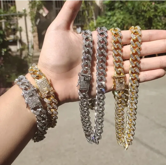 New stainless steel silver tone iced Unisex cuban chain necklace - Picture 1 of 12